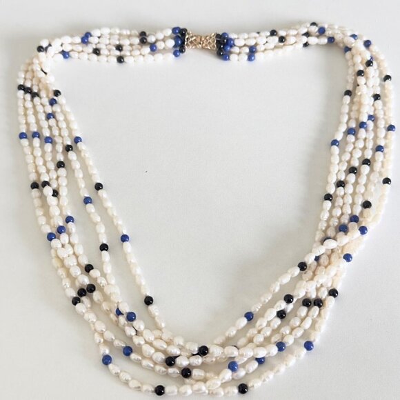 Vintage 14k Yellow Gold Pearl 6 Row Multi Strand Onyx Lapis Statement Necklace - Picture 10 of 14